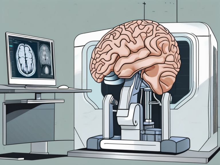A functional mri machine with a brain model next to it