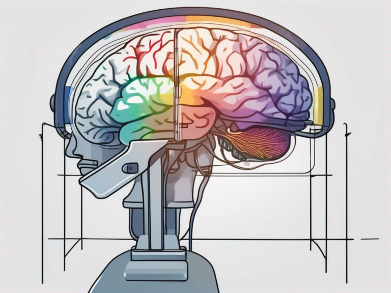 A functional mri (fmri) machine with colorful brain scans displayed on a screen